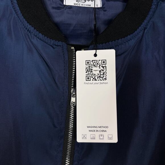 New Zeagoo Womens Small S Navy Blue Bomber Jacket Zip Up Coat Black Trim Pockets - Picture 5 of 10